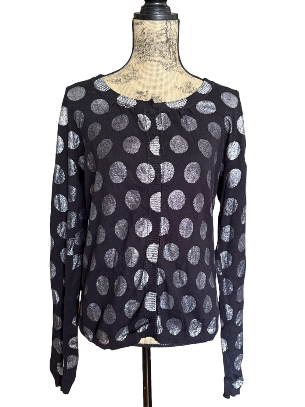 Kenzo Jeans Black Long-Sleeve Polka Dot Cardigan with Silver Dots Size L